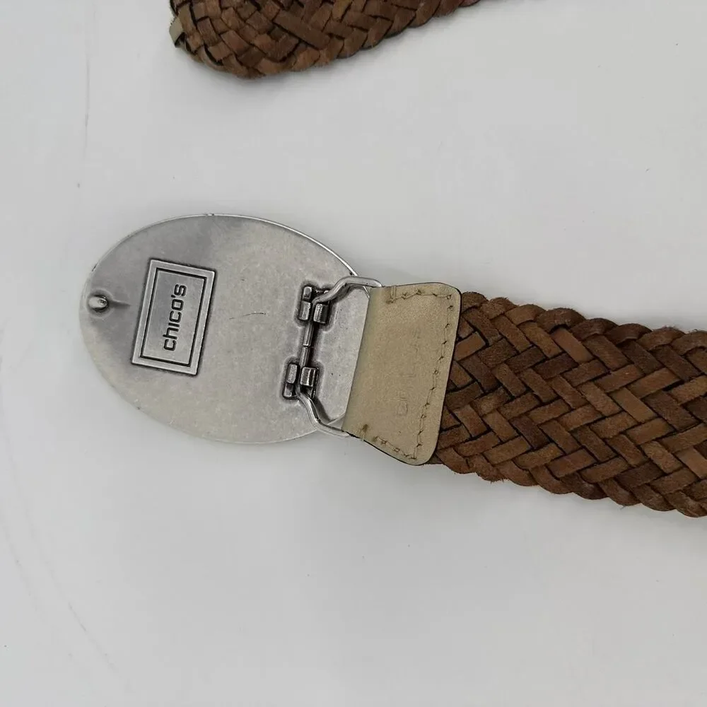 Chicos Gold Metallic Belt Beaded Buckle Braided Leather Hook Closure Boho